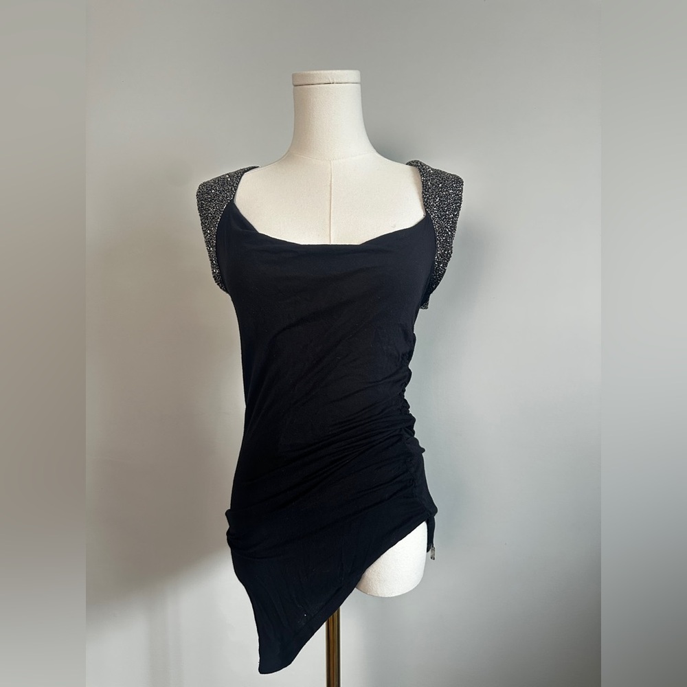 Y2K GUESS Black Sleeveless Top with Silver beaded sleeve Accents and back cutout
